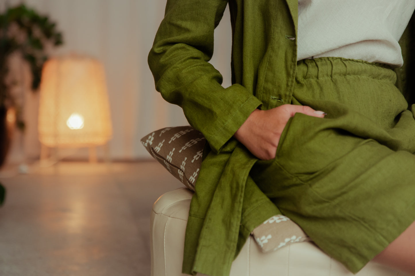 Linen Women's Suit Casual in Green/ High Waisted Shorts and Longer Blazer