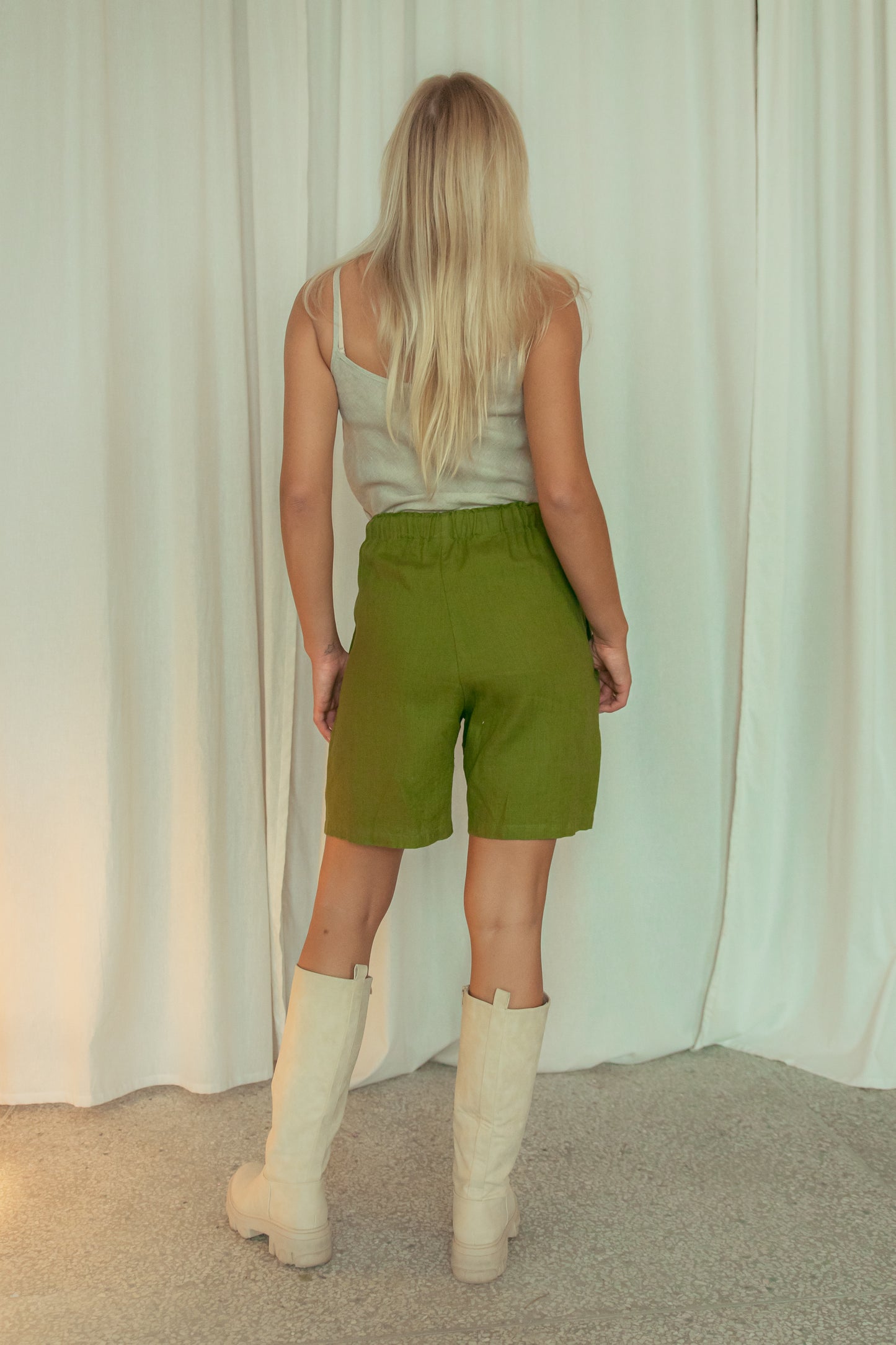 Linen Women's Suit Casual in Green/ High Waisted Shorts and Longer Blazer