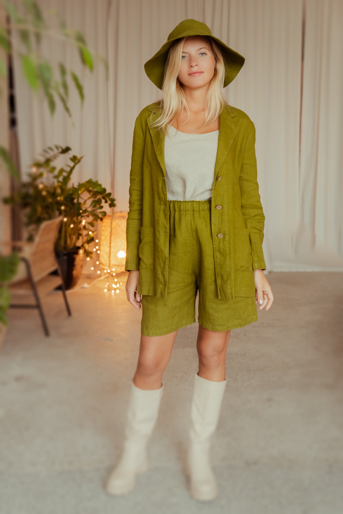 Linen Women's Suit Casual in Green/ High Waisted Shorts and Longer Blazer