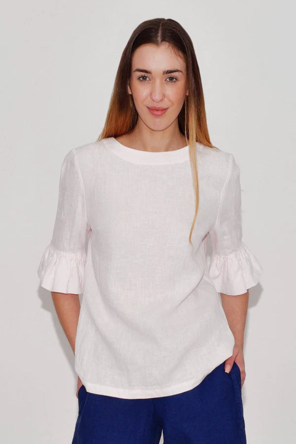 Linen Blouse DIANA With Frill Sleeves and With Fastening at Back