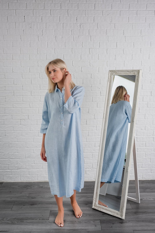 Linen Long Collared Night Shirt LORA for Women