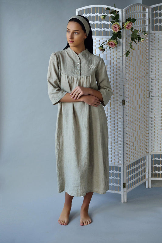 Linen Long Natural Gown DRAGONFLY with Handmade Embroidery