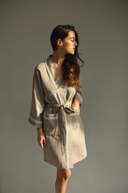 Linen Bath Robe Natural GENOVA Decorated with Delicate Lace