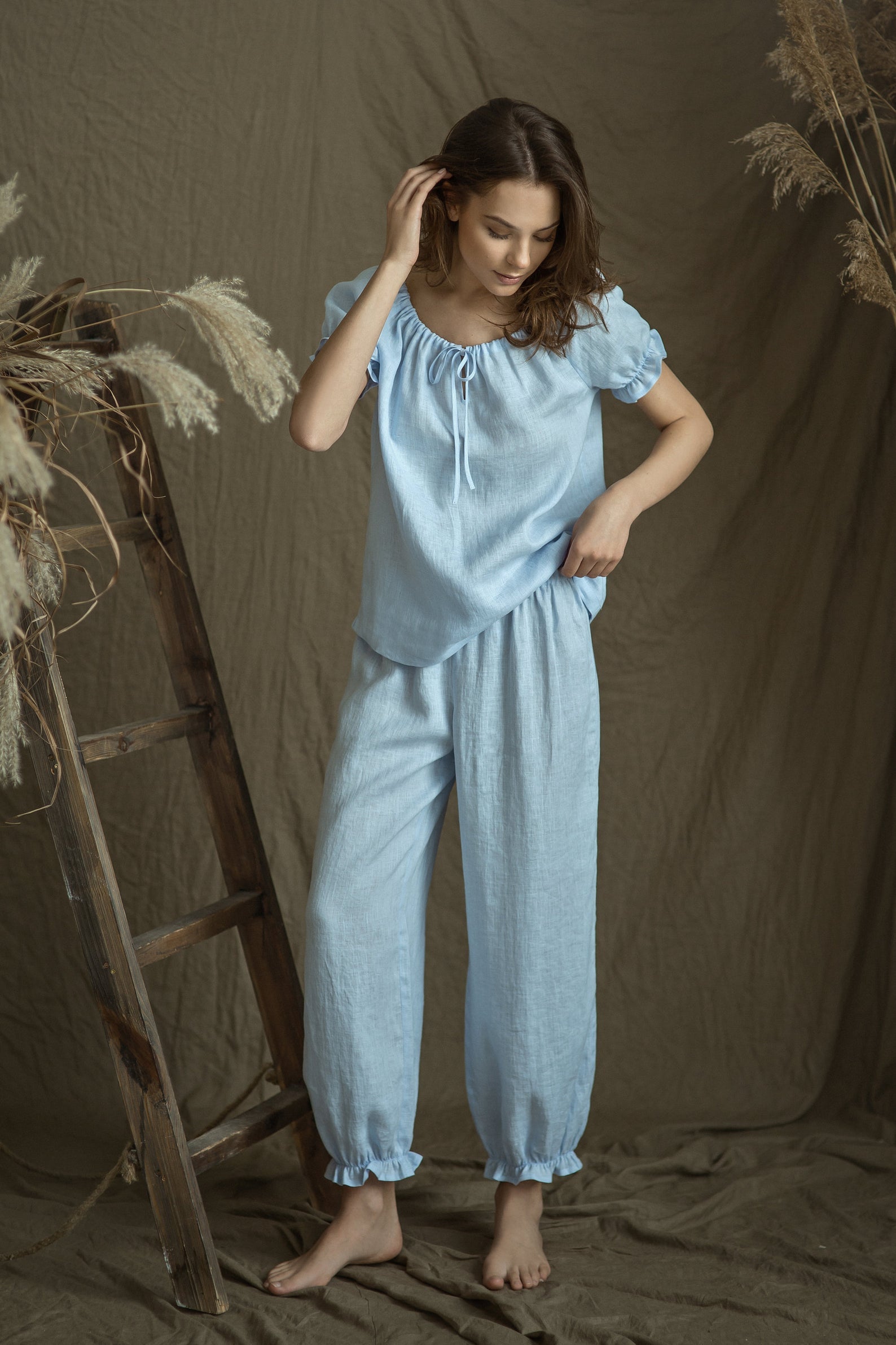 Linen Pajama Set FLORA in Pale Blue Linen Pajama Set FLORA in Pale Blue