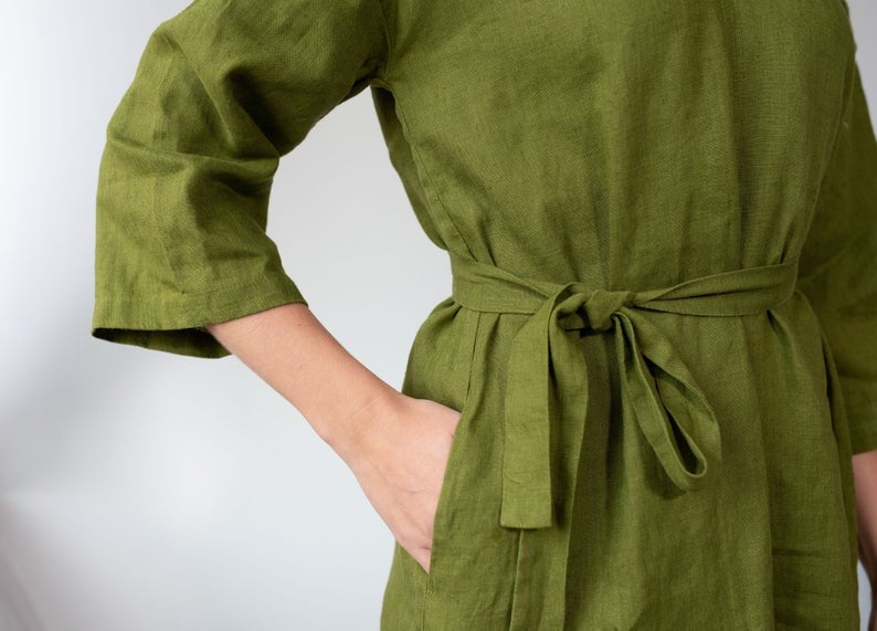 Linen Tunic Dress NERINGA in Moss Green
