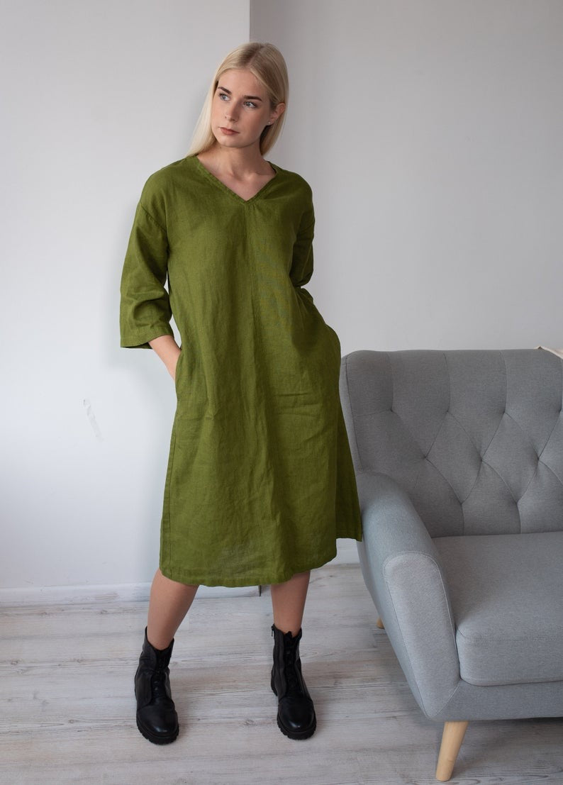 Linen Tunic Dress NERINGA in Moss Green