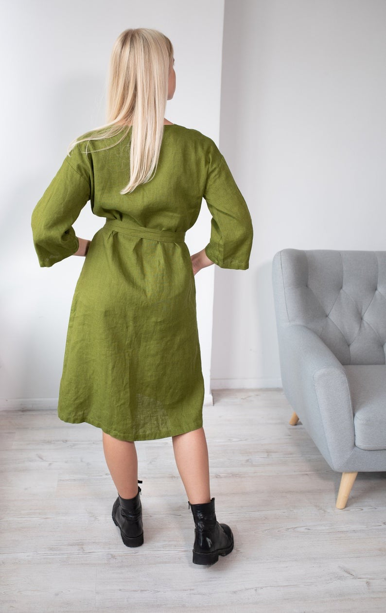 Linen Tunic Dress NERINGA in Moss Green