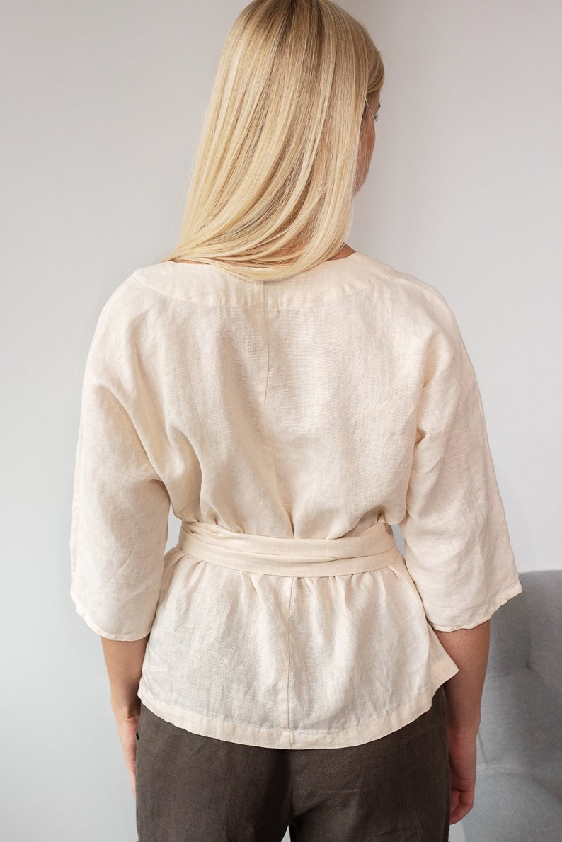 Linen Blouse ALINA With Belts/ Tunic V-neck Organic