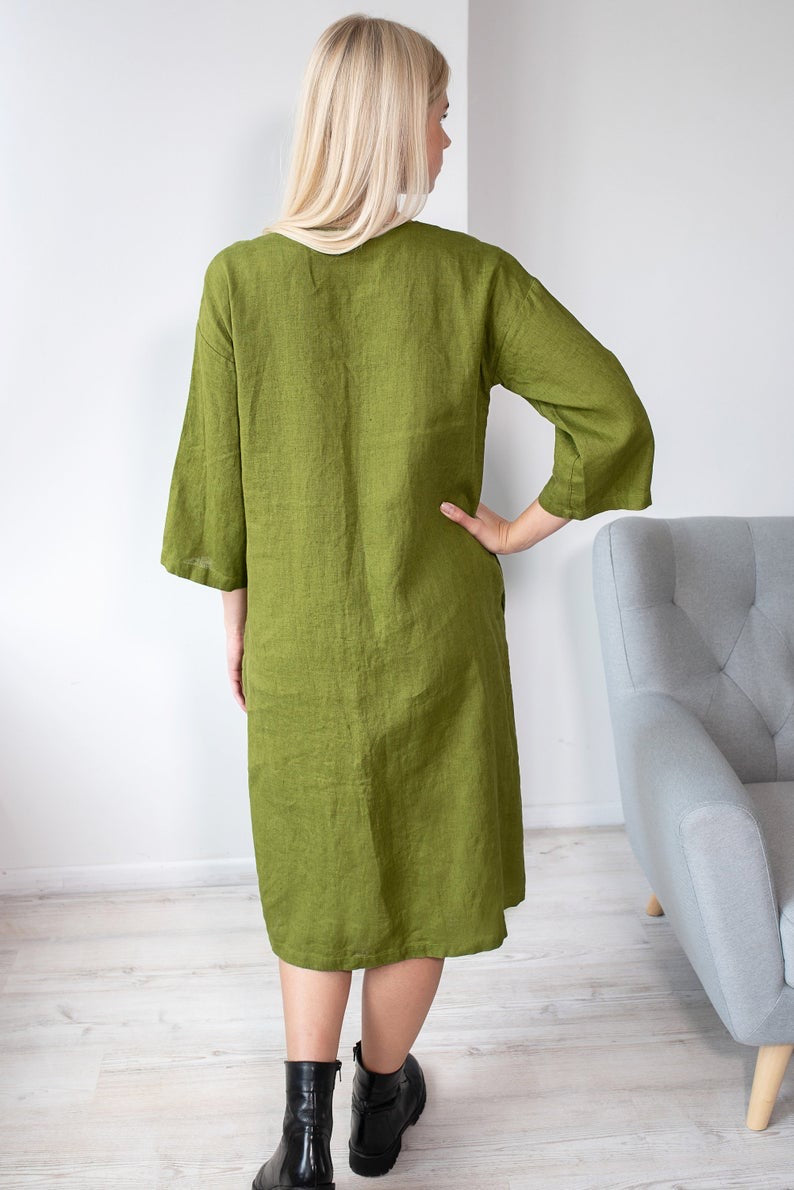 Linen Tunic Dress NERINGA in Moss Green