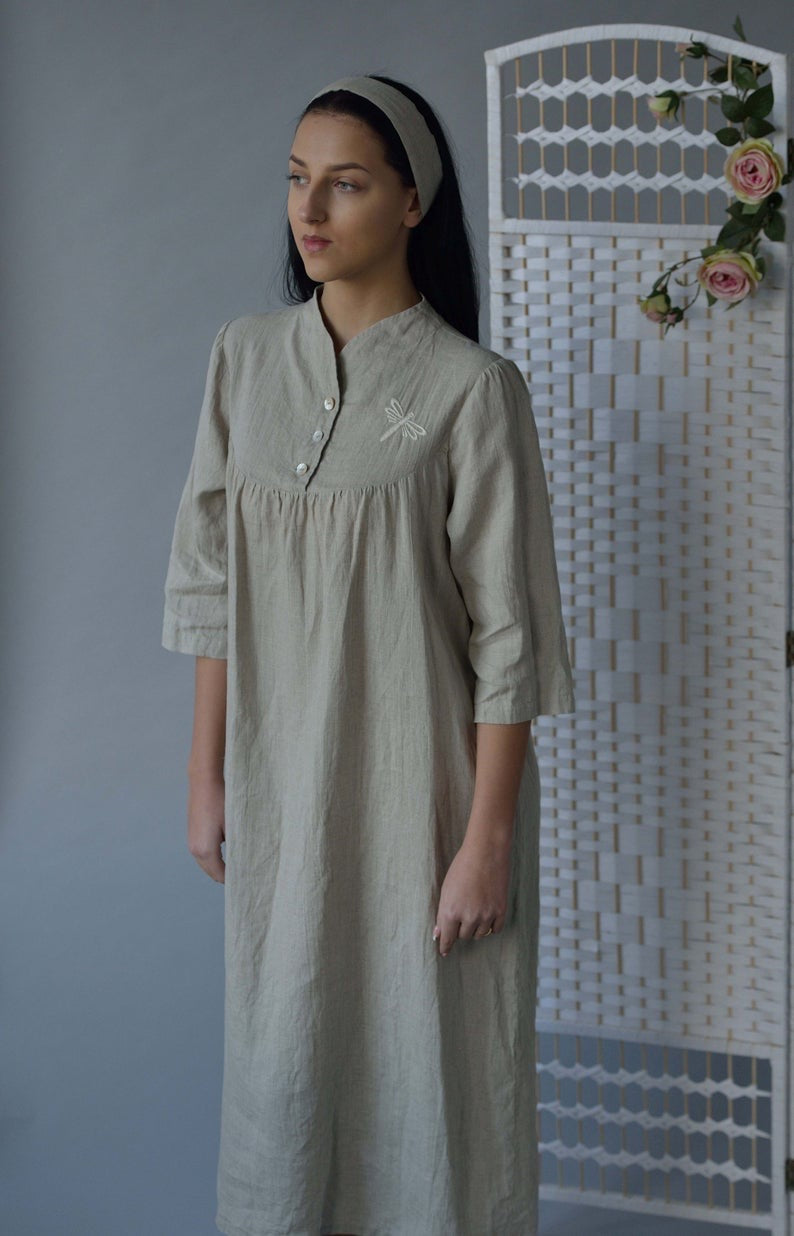 Linen Long Natural Gown DRAGONFLY with Handmade Embroidery