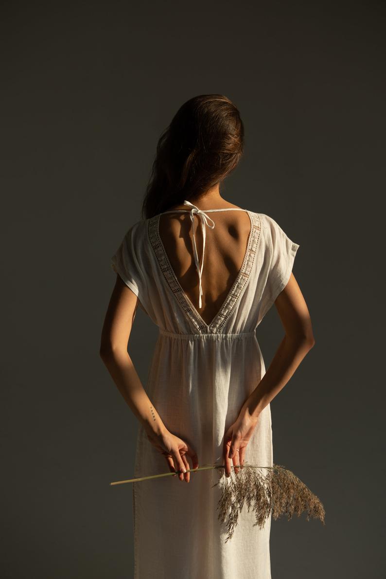 White Long Night Gown ANTIQUE With Linen Lace