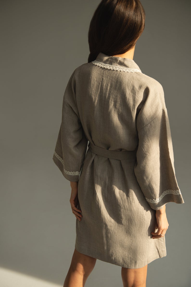 Linen Bath Robe Natural GENOVA Decorated with Delicate Lace