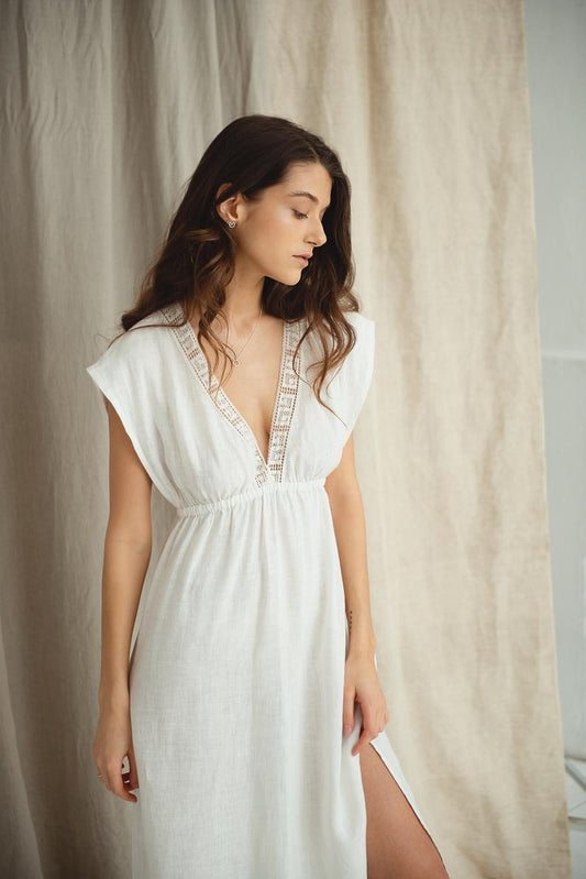 White Long Night Gown ANTIQUE With Linen Lace