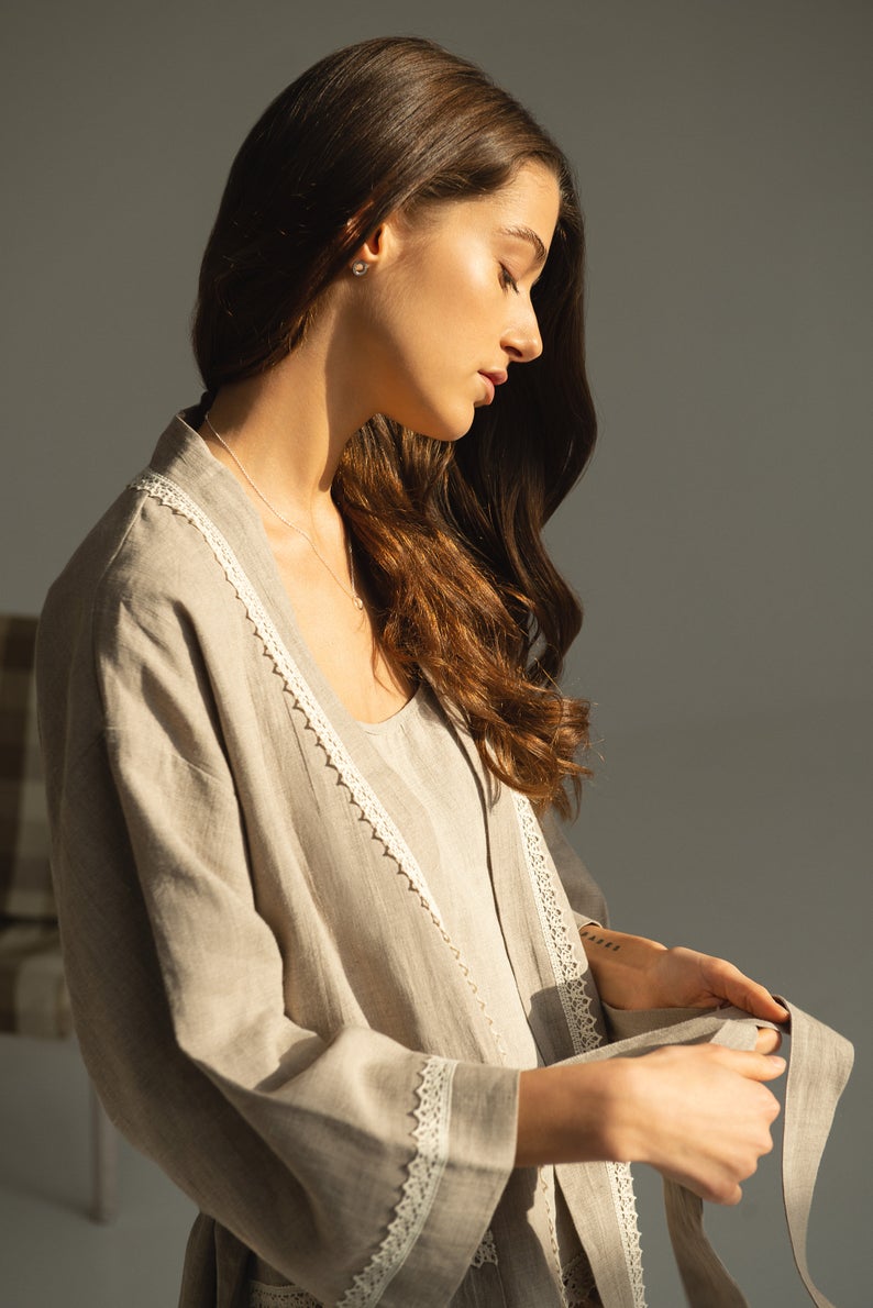 Linen Bath Robe Natural GENOVA Decorated with Delicate Lace