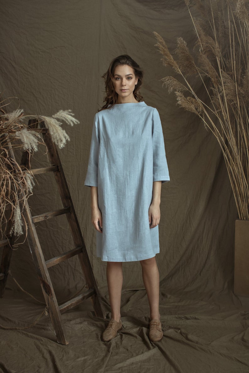 Linen Dress VERA with Higher Neck