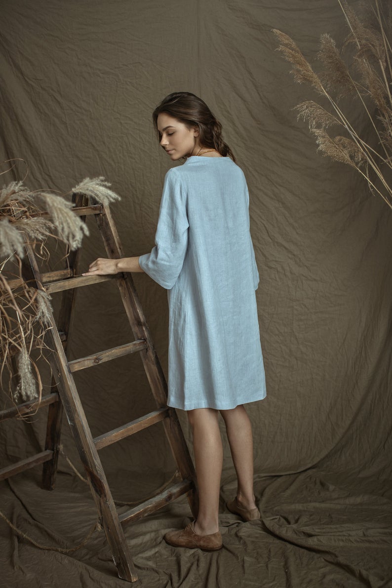 Linen Dress VERA with Higher Neck
