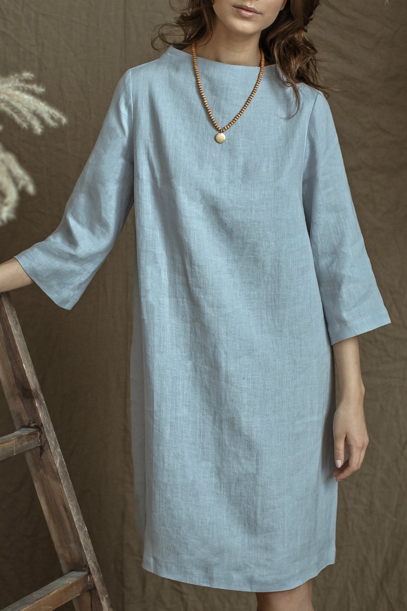Linen Dress VERA with Higher Neck