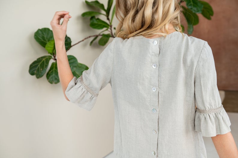 Linen Blouse Fashionable/ Flax Blouse With Frill Sleeves