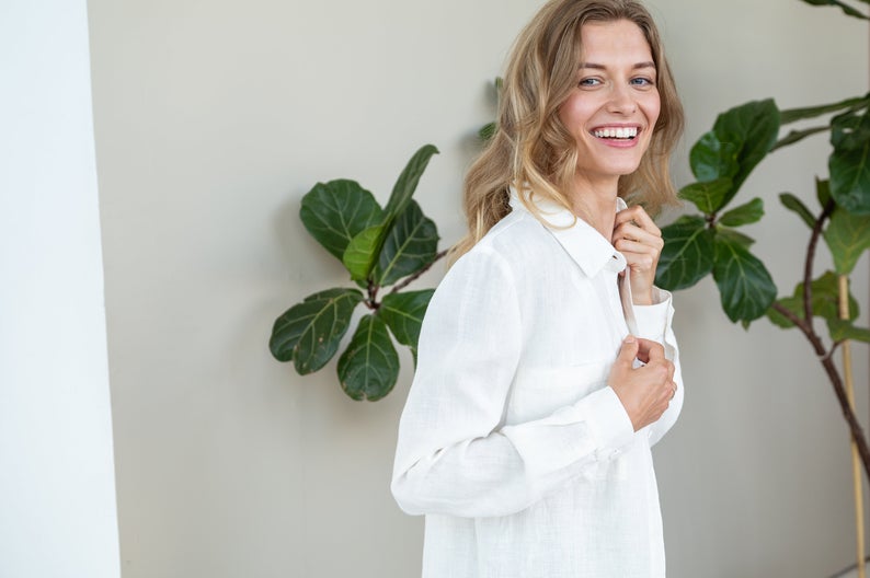 White Linen Shirt Classic Katerina with Long Sleeves