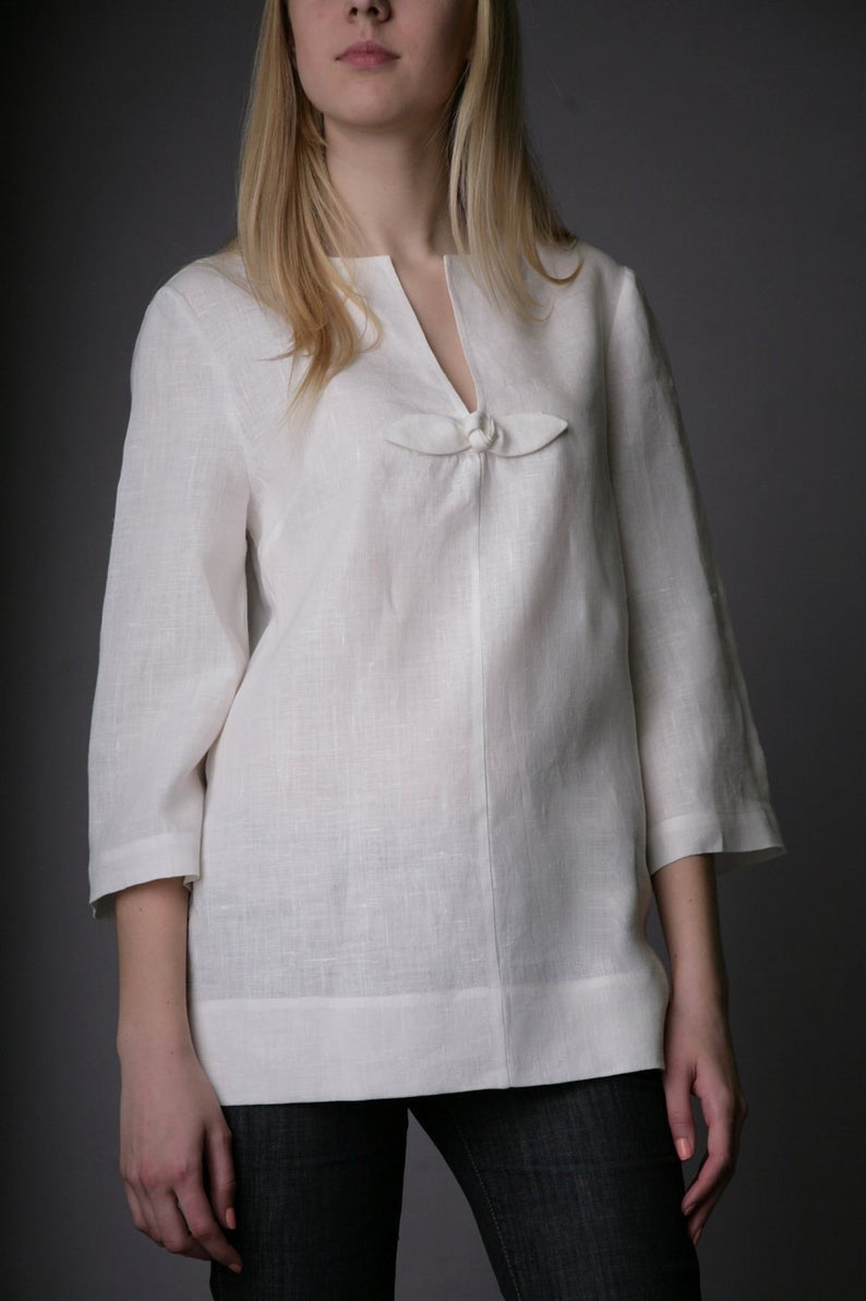 Linen White Tunic ROSEMARY with Handmade Rose Decor