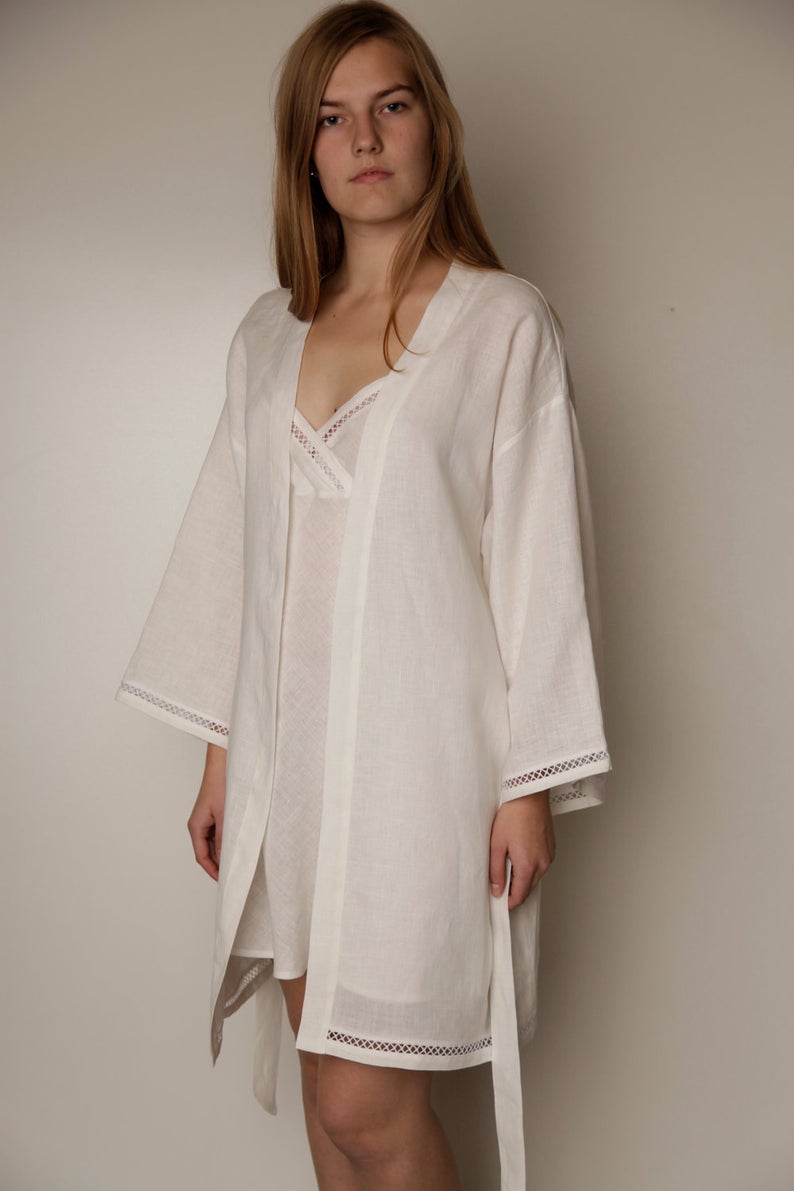Linen White Short Night Gown ANELE with Straps
