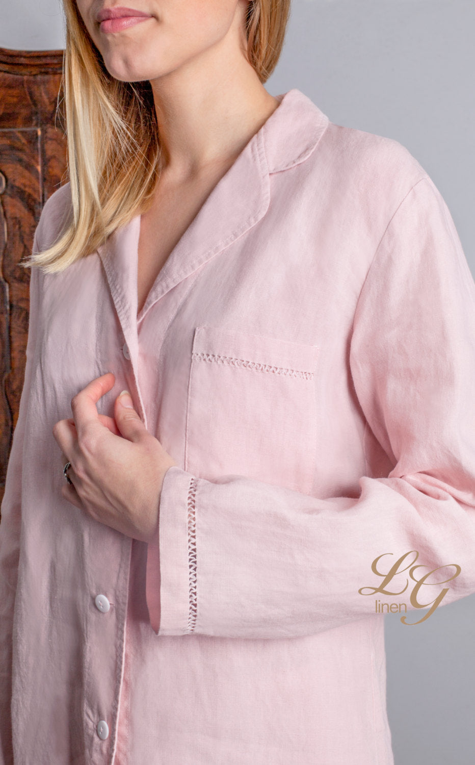 Luxury Linen Pajama Set For Women With Handmade Drawnwork