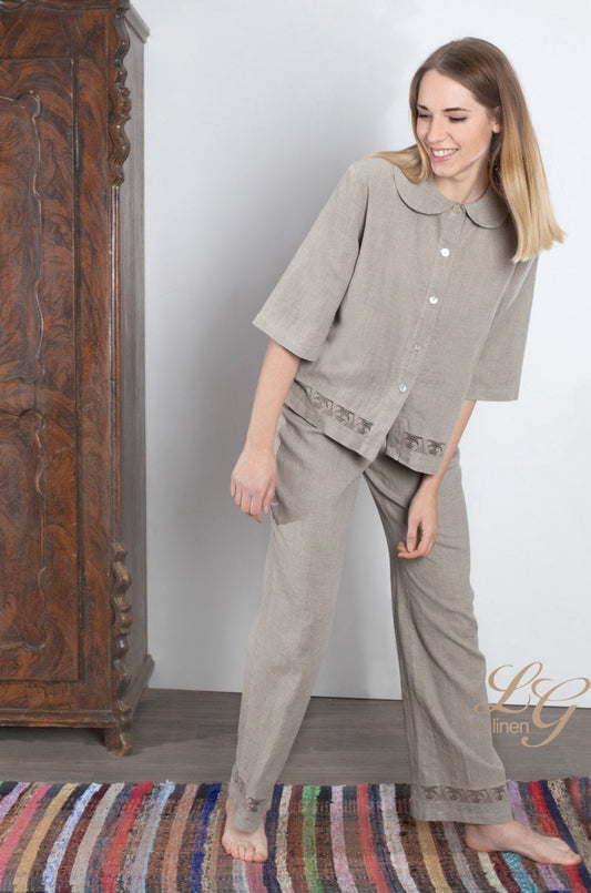 Linen Natural Pajama VANESSA for Women with Lace