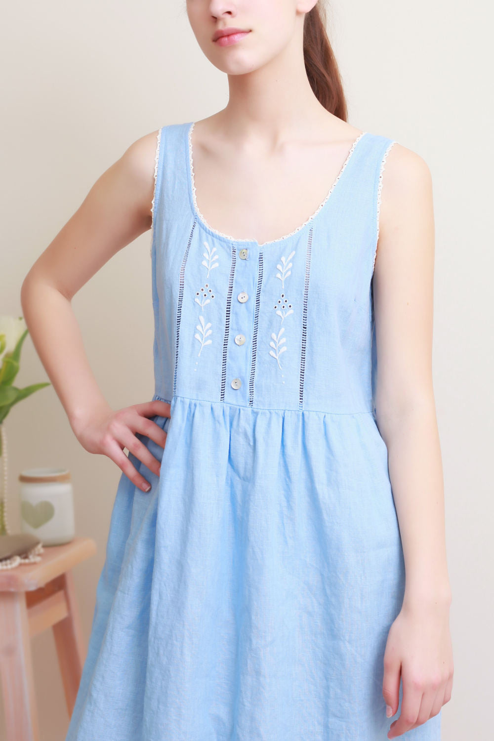 Linen Night Dress RUTA with Drawnwork and Amazing Handmade Embroidery