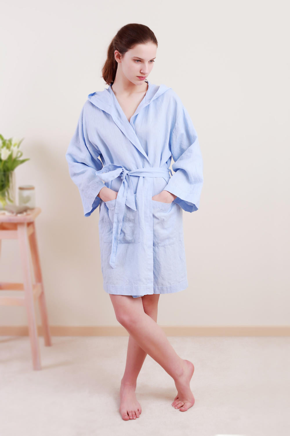 Linen Short Bath Robe MILDA Hooded