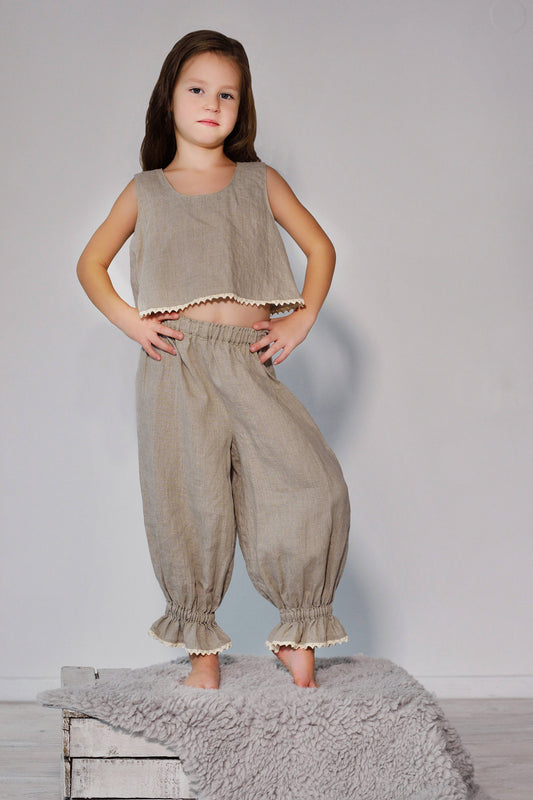 Linen Pajama Set For Girl/ Pajama Top Crop Sleeveless & Trouser For Girl/ Top and Trouser Laced/ Christmas Gift For Girl