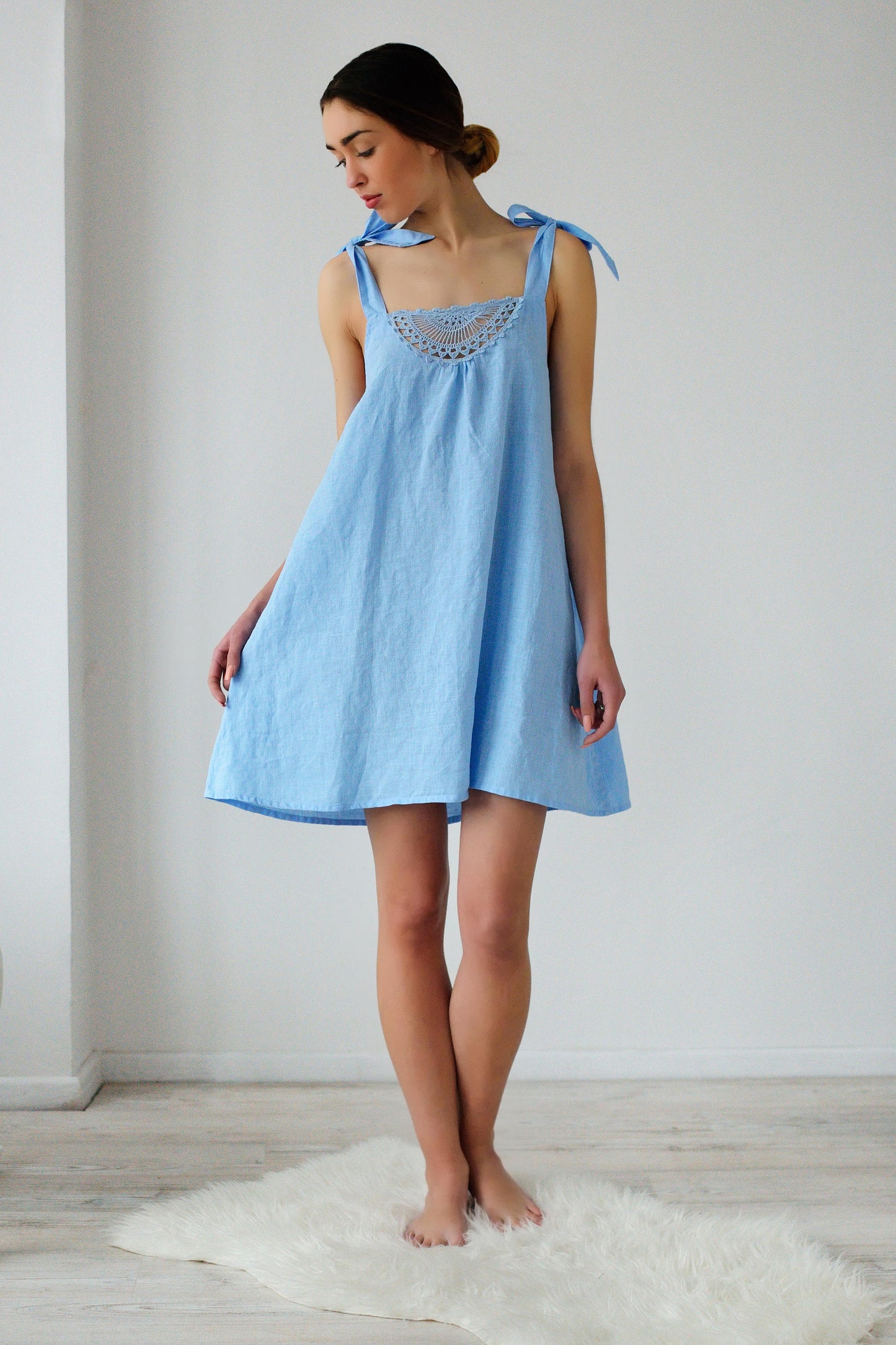 Linen Short Night Gown SUNNY with Crochet Front