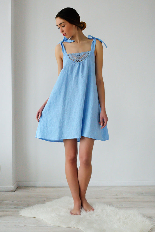 Linen Short Night Gown SUNNY with Crochet Front
