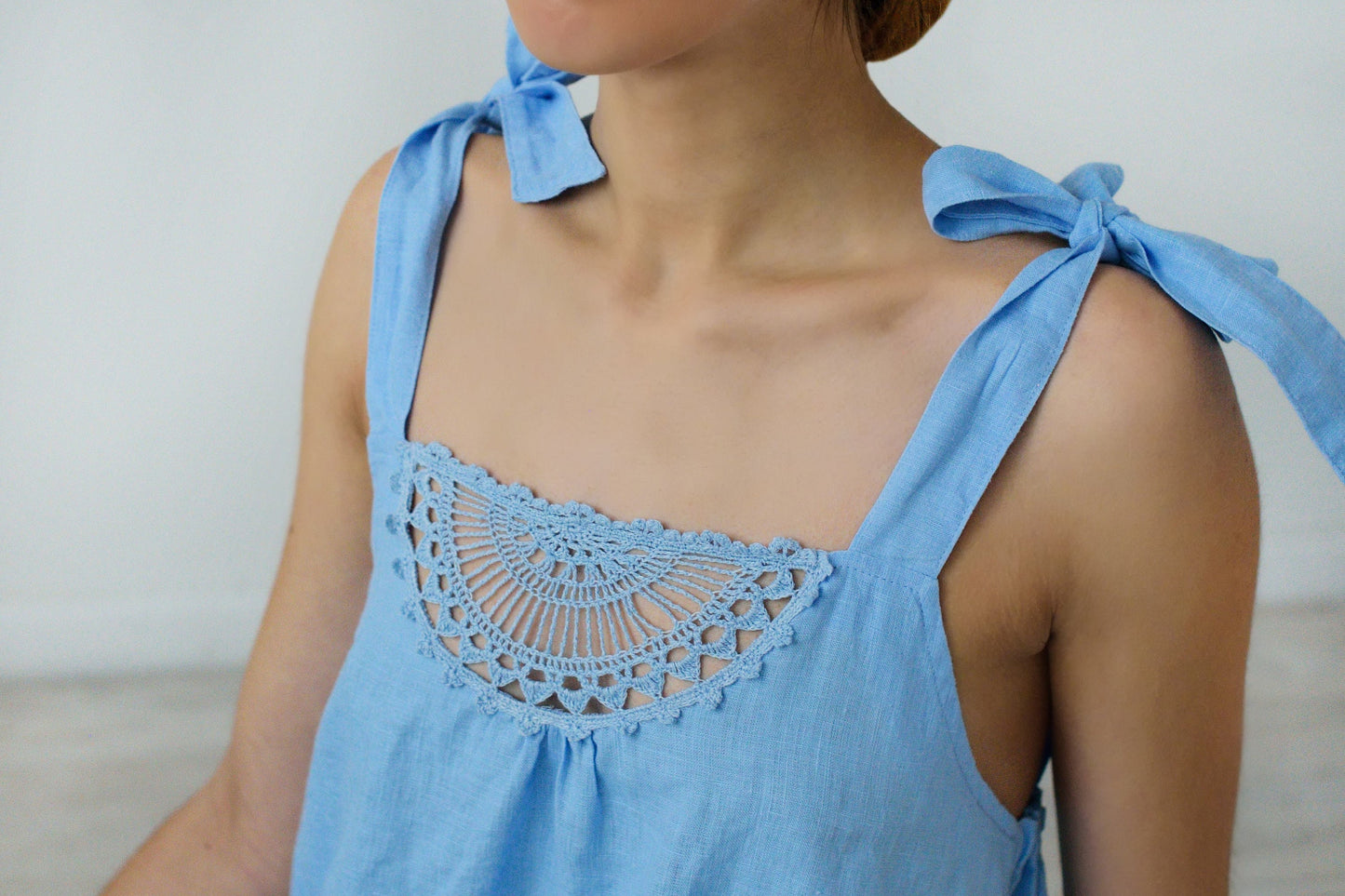 Linen Short Night Gown SUNNY with Crochet Front
