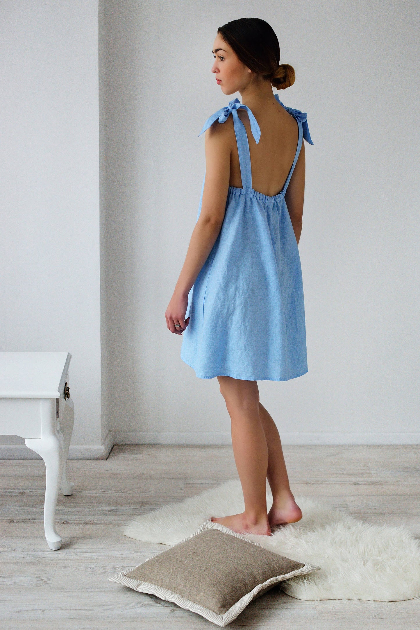 Linen Short Night Gown SUNNY with Crochet Front