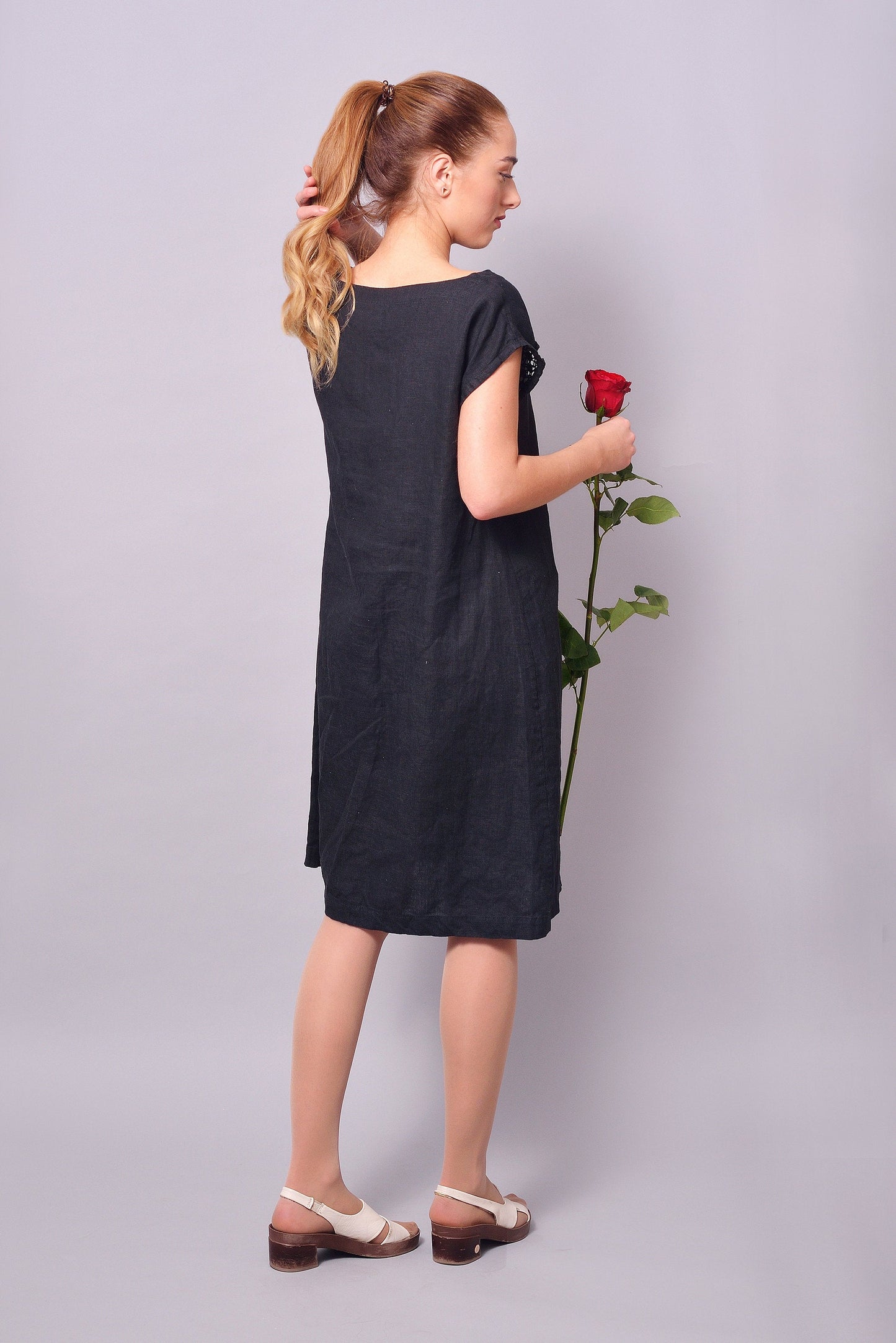 Linen Midi Dress HOPE with Linen Lace in Black
