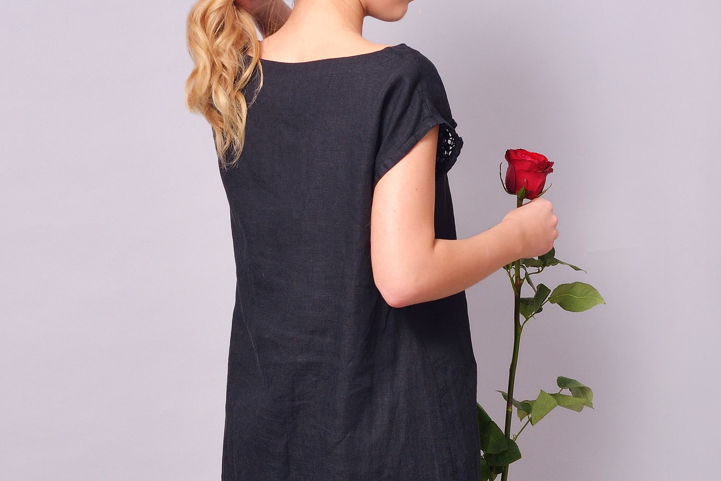 Linen Midi Dress HOPE with Linen Lace in Black