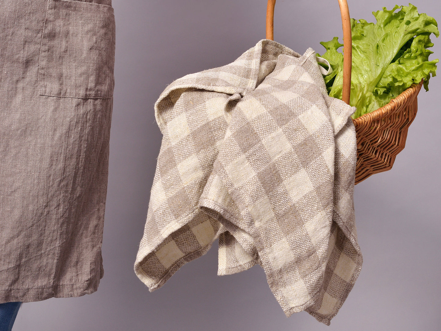 Linen Rustic Quality Undyed Kitchen Dish Towels Set of Two/ Heavy Weight Checkered Design Linen Towels