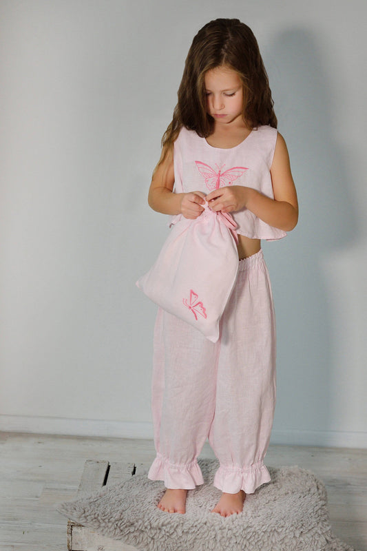 Linen Luxurious Pajama Set Butterfly For Girl/ Girl's Pajama with Handmade Embroidery