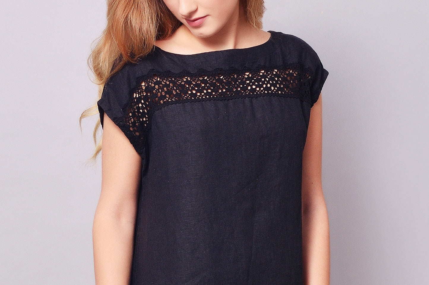 Linen Midi Dress HOPE with Linen Lace in Black