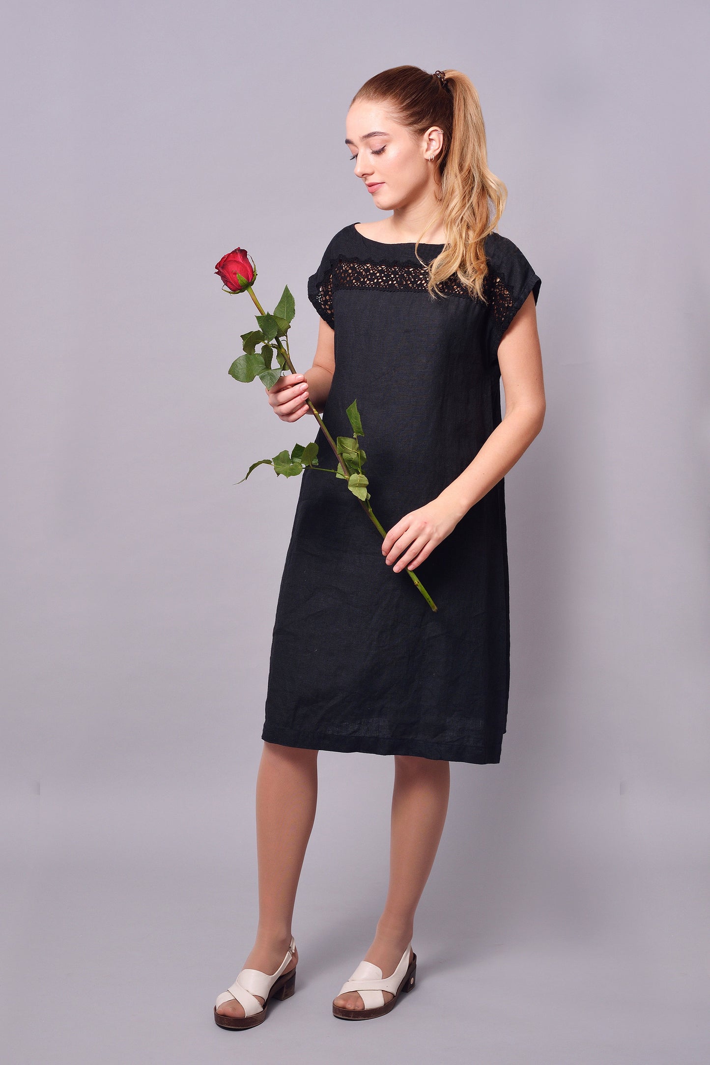 Linen Midi Dress HOPE with Linen Lace in Black