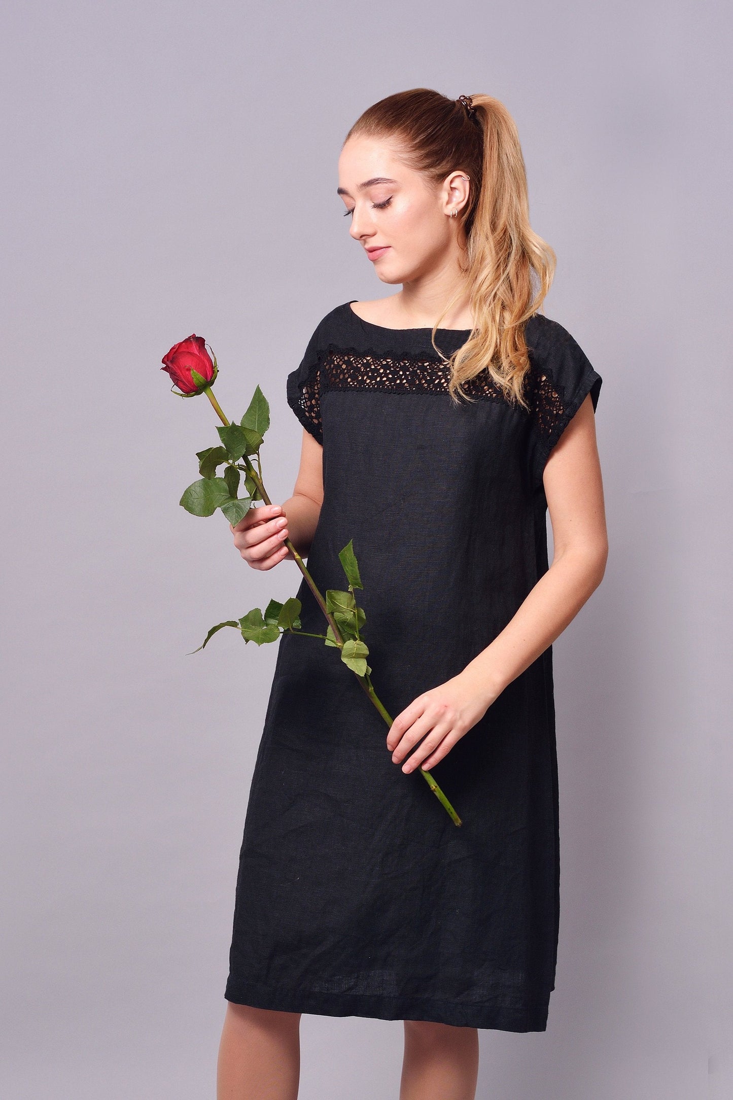 Linen Midi Dress HOPE with Linen Lace in Black