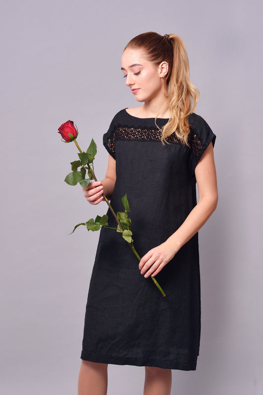 Linen Midi Dress HOPE with Linen Lace in Black