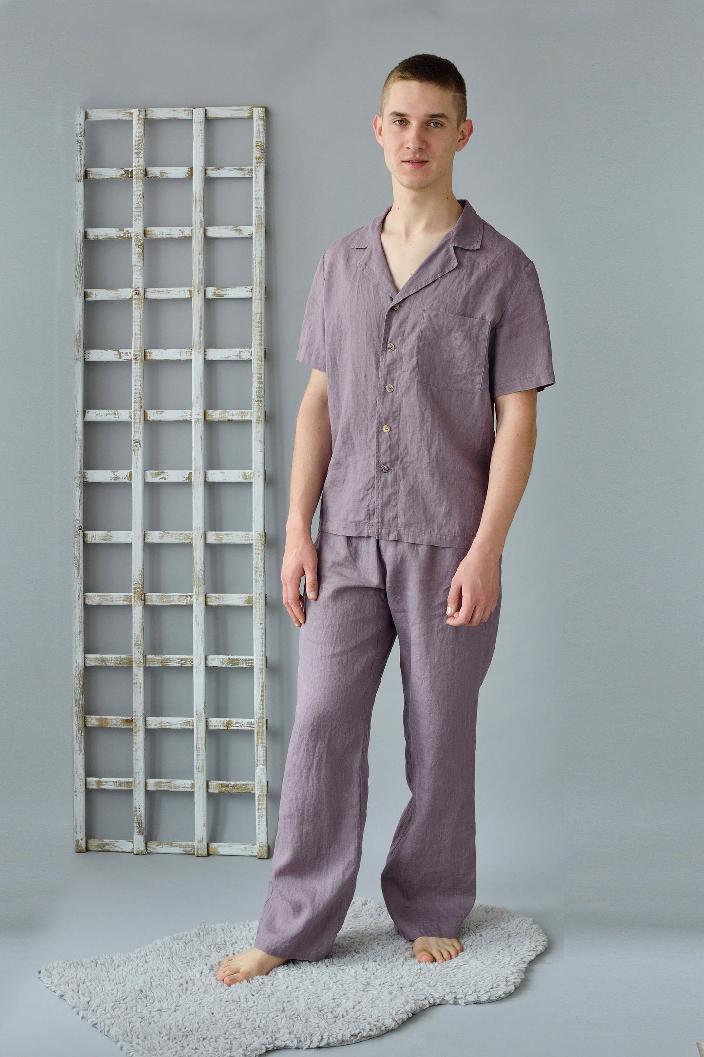 Linen Men's Summer Pajama /Short Sleeve Top and Long Pants