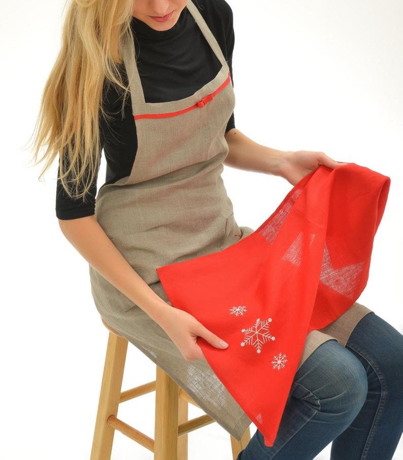 Linen Full Apron SNOWFLAKE with Handmade Embroidery
