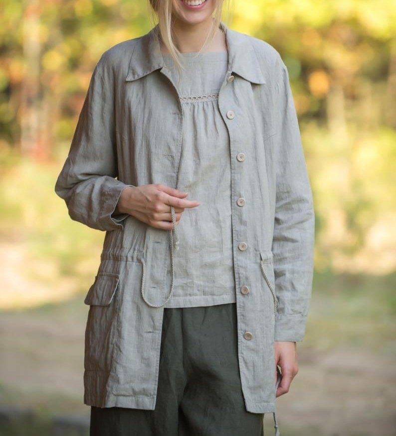 Pure Linen Long Oversize Jacket Parka with Drawstringed Waist
