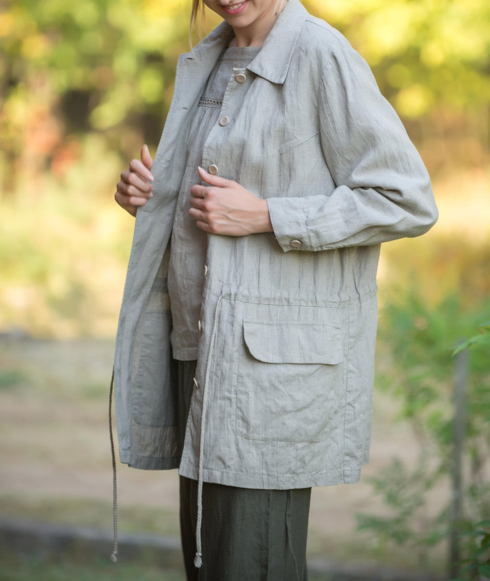 Linen Oversize Parka Coat with Drawstringed Waist in natural Flax
