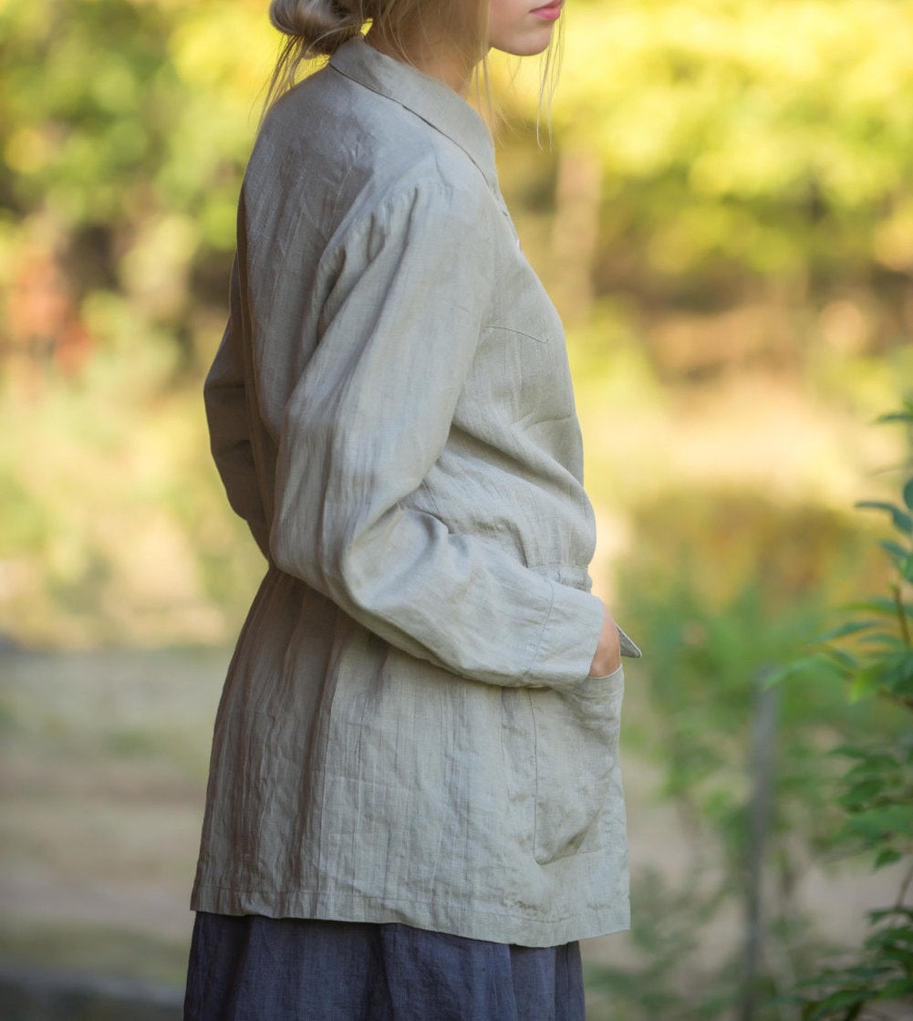 Pure Linen Oversize Parka Jacket with Drawstringed Waist
