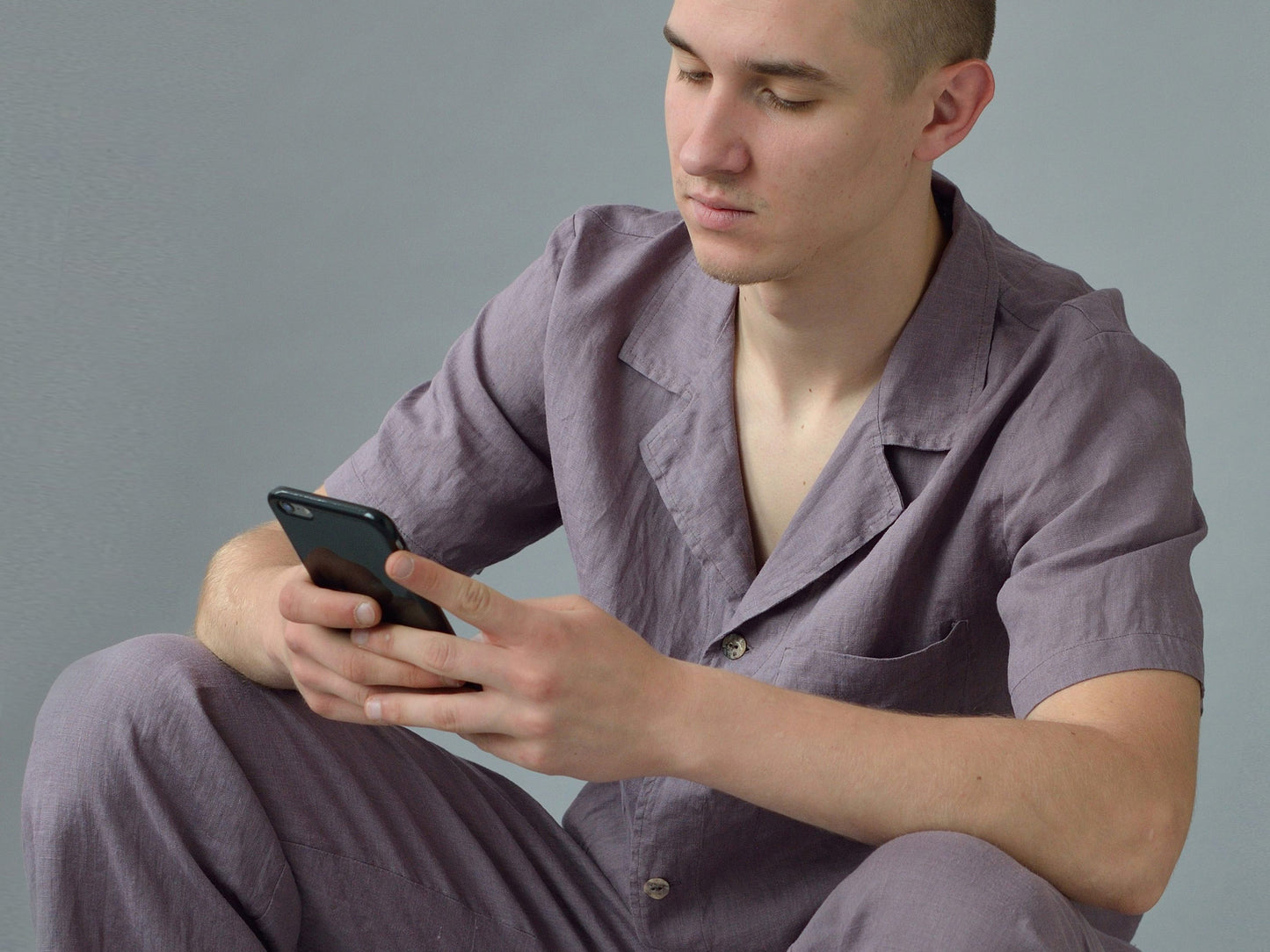 Linen Men's Summer Pajama /Short Sleeve Top and Long Pants
