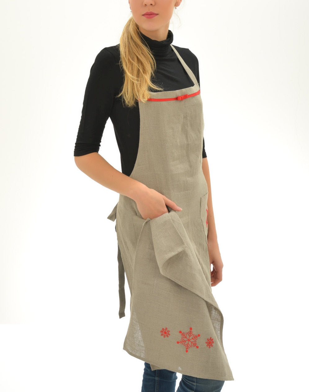 Linen Full Apron SNOWFLAKE with Handmade Embroidery