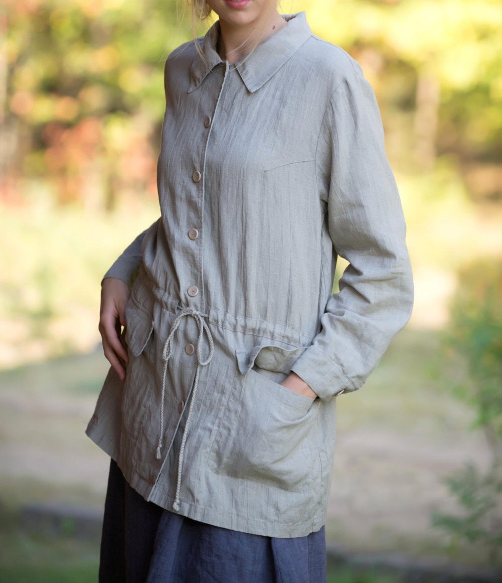 Pure Linen Oversize Jacket with Drawstringed Waist in Natural Flax Color